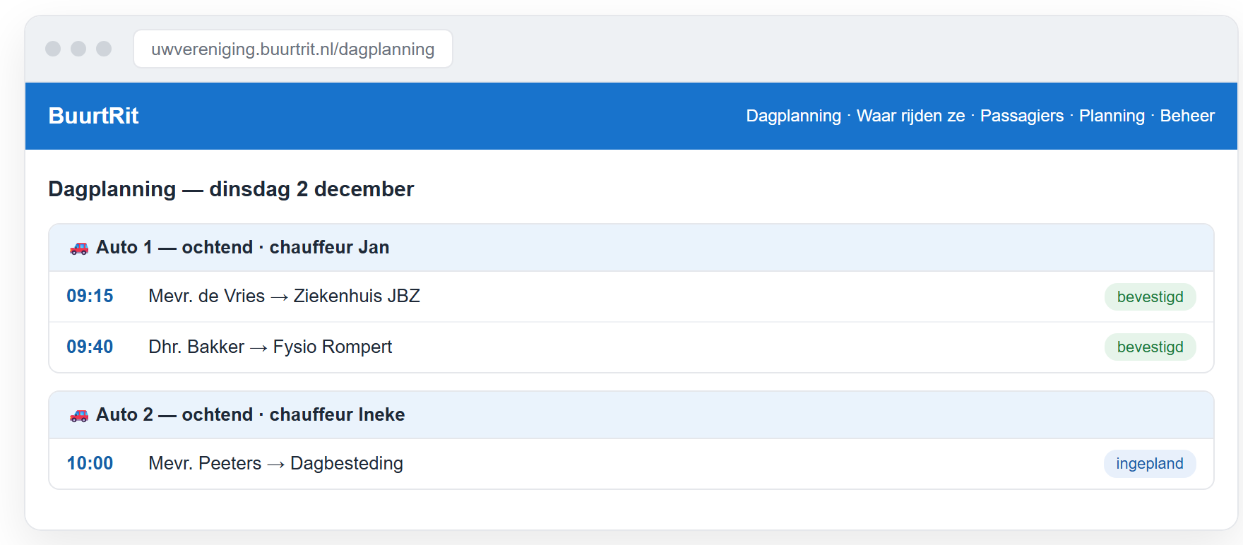 De dagplanning in BuurtRit: twee voertuigen met hun ritten, chauffeur en tijdstip.