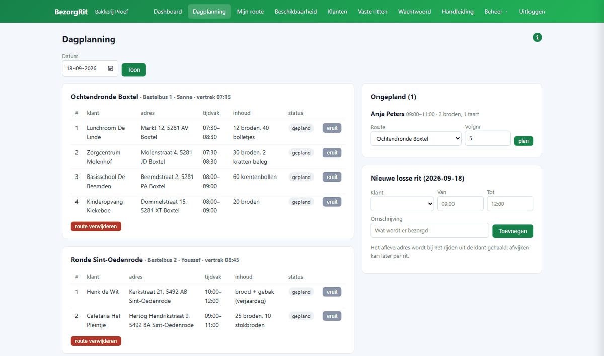 De dagplanning van BezorgRit: twee routes met hun stops, en een rit die nog ingepland moet worden